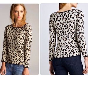Velvet By Graham & Spencer Leopard Print Jacquard Knit Cashmere Blend Sweater Sm
